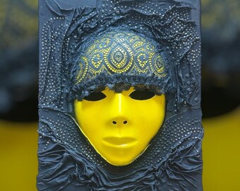 Mystic Gaze–Original Mixed Media Mask Wall Art | 30 x 24 cm Abstract Portrait on Canvas