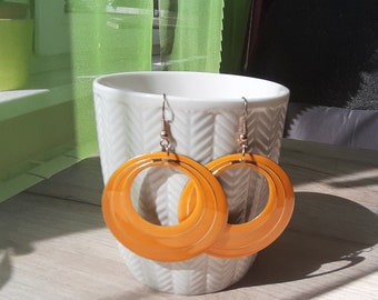 Orange Enamel Circle Dandle Earrings, Statement Earrings