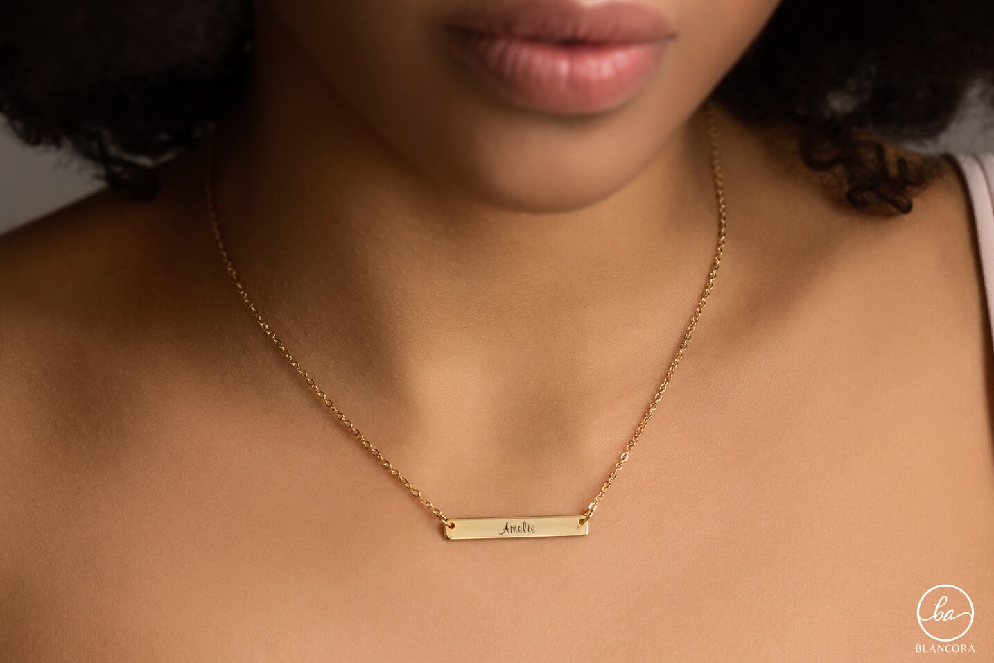 Engraved Gold Bar Necklace Dainty 