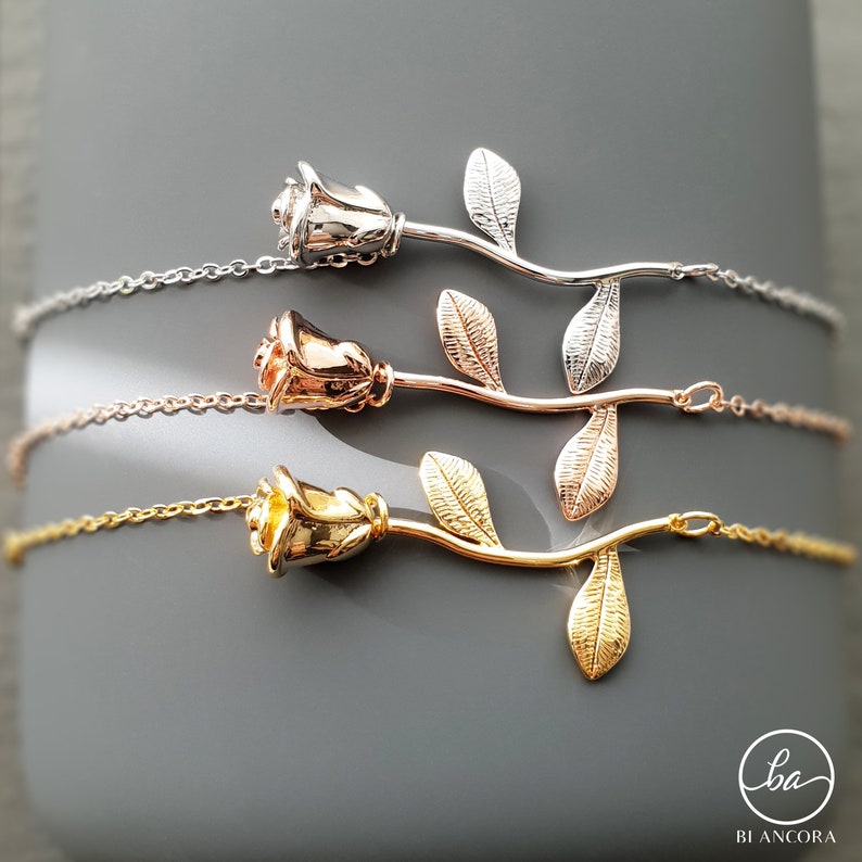 Minimal Elegant Rose Bracelet Silver Stacking Bracelet Anniversary Bracelets Gold Charm Bracelet Bridesmaid Gifts Bridal Jewelry