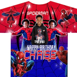 May include: A red, blue, and black Spider-Man themed birthday shirt. The shirt features the word "SPIDERMAN" and the words "HAPPY BIRTHDAY CHAISE". The shirt has images of Spider-Man and a child wearing a Spider-Man costume.