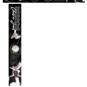 Può includere: Striscione bianco e nero con il testo "Forever in our Hearts Charlie Jones" e una colomba bianca con un orologio sullo sfondo.