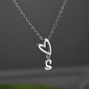 Silver Heart Initial Necklace,Heart Letter Necklace,Custom Letter Heart Necklace,Personalized Initial Jewelry,