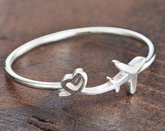 Anillo de avión de plata esterlina, corazón de amor, regalo de dama de honor