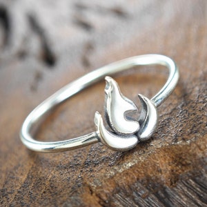May include: A silver ring with a stylized flame design. The ring is simple and elegant, and the flame design is delicate and intricate.