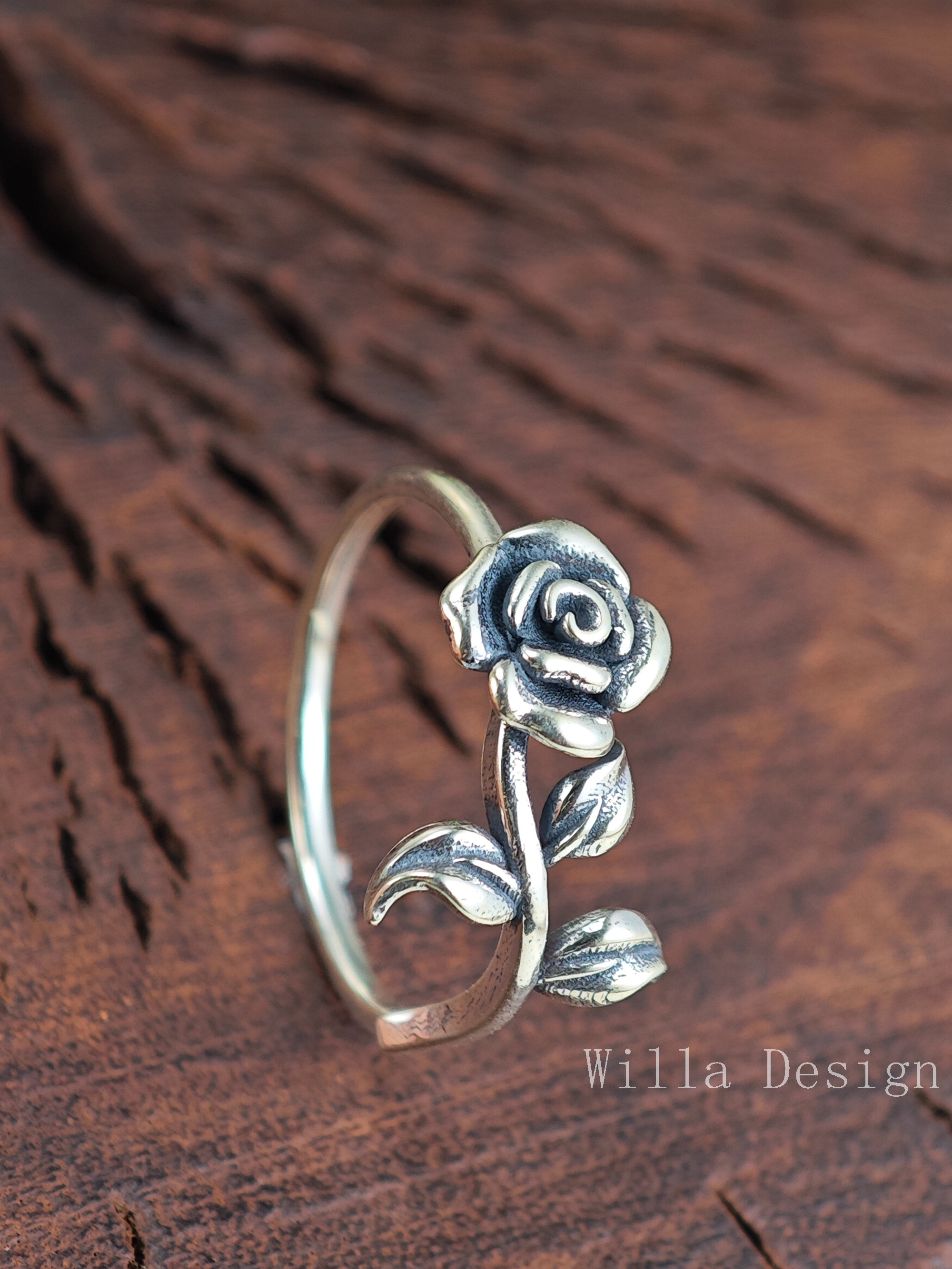 3D Rose Flower Ring: Handmade 925 Sterling Silver Promise Jewelry