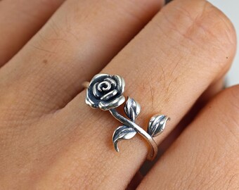 3D Rose Flower Ring: Handmade 925 Sterling Silver Promise Jewelry