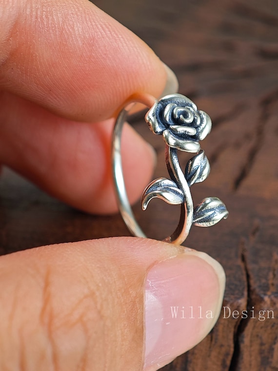 3D Rose Flower Ring: Handmade 925 Sterling Silver Promise Jewelry