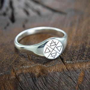 May include: A silver ring with a circular face featuring four elemental symbols. The ring is set on a wooden surface, showcasing its polished metal finish. The symbols are arranged in a cross pattern within the circle.