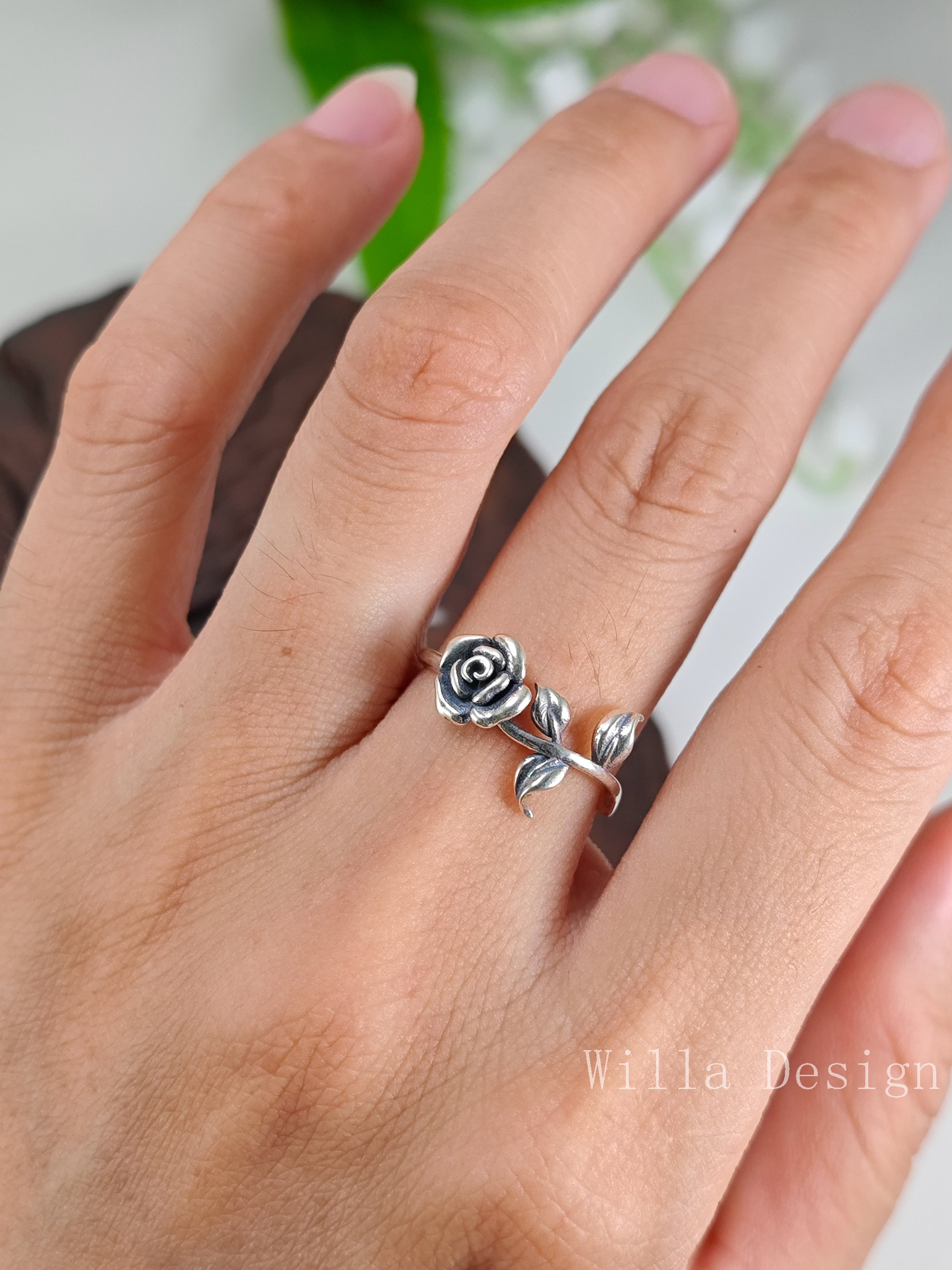 ヴィンテージ！Silver 3D Rose Flower リング Vintage ROSE 3D Ring Silver Tone Floral Unmarked sz 6.5 Adjustable