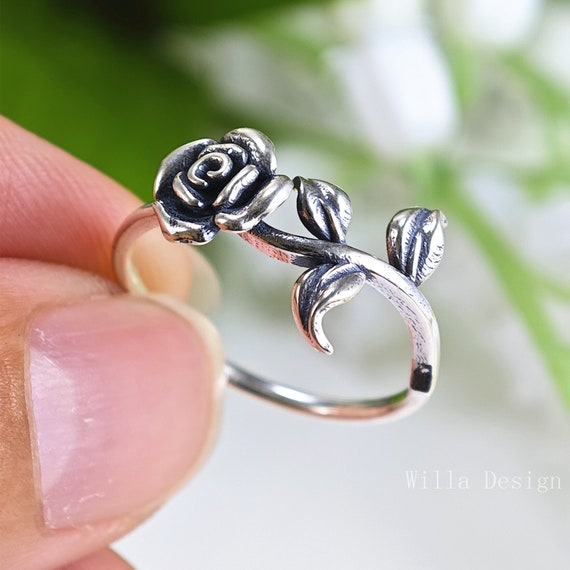 3D Rose Flower Ring: Handmade 925 Sterling Silver Promise Jewelry