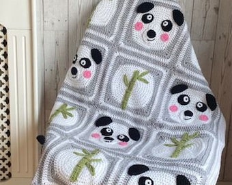 CROCHET PATTERN ‘Bamboo Bear panda granny square baby blanket instant download crochet panda blanket US Terms (English only)