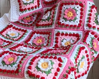 CROCHET PATTERN ‘Strawberry Garden’ granny square instant download crochet Strawberry blanket US Terms (English only)
