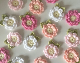 16 HANDMADE Crochet flowers with leaves
