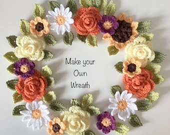 Crochet flowers and leaves for wreath making.