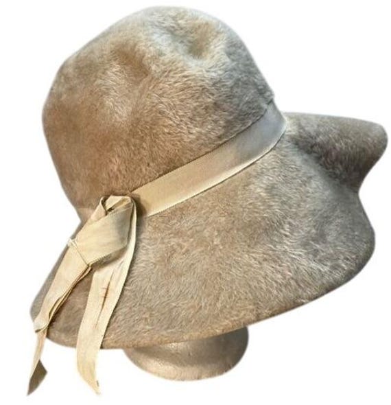 Vintage Sovereign Tan Fur Felt Floppy Hat Ribbon Bow Boho  display picture 1