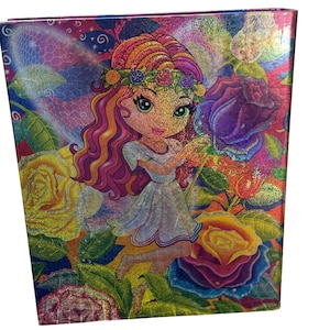 May include: A colorful fairy with pink hair and a white dress is holding a purple rose. The background is a glittery floral pattern with yellow, pink, and blue roses.