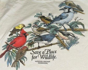 Vintage Harlequin NG &quot;Save A Place For Wildlife&quot; X-Large White T-Shirt Featuring Colorful Birds 1988
