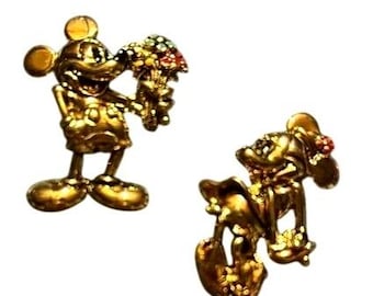 Vintage Disney Mickey and Minnie Mouse Gold-Toned Brooch Pins Set Rhinestones