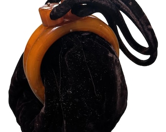 Vintage Black Velvet Handbag With Amber-Like Lucite Frame Drawstring Closure Grandma Core Goth