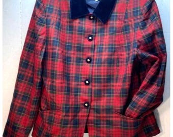 VTG Pendleton Womens Plaid Blazer With Velvet Collar Size 14 Red  Blue