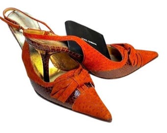 ドルチェ＆ガッバーナ レディース ポインテッドトゥ スリングバック スティレットヒール サイズ38.5 クロコ型押しレザー スエード