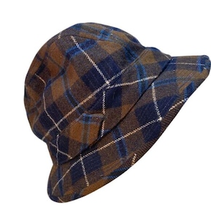 Vintage Pendleton Plaid Wełniany Kapelusz Wiadro 7 1/4 Niebieski i Brązowy Wzór Kratki