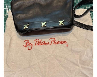 Vintage Paloma Picasso Black Leather Shoulder Bag W/ Iconic Gold Xs & Dust Bag