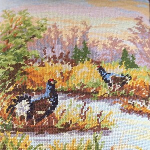 cozy atmosphere for the home: tapestry decoration pillow with autumnal landscape & capercaillie on linen
