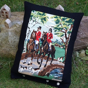 large tapestry pillow with English riders handmade - unique