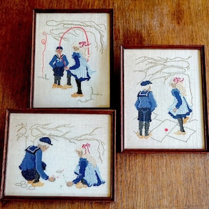 Set of 3 Vintage Hand-Embroidered Pictures – Cross Stitch Children Scenes, Framed