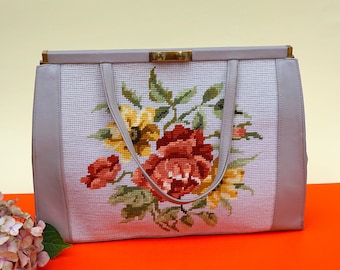 grand sac à main en tapisserie vintage gris brodé fleurs sur cuir gris