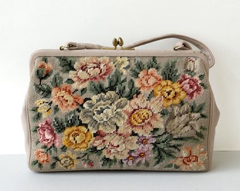 große Vintage Gobelin Handtasche mit handgestickten Blumen