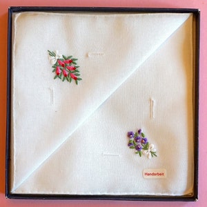 hand-embroidered vintage handkerchiefs violets & roses in original box - unused