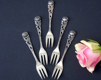 Couverts vintage Hildesheimer Rose 5 fourchettes à gâteau années 90 argent