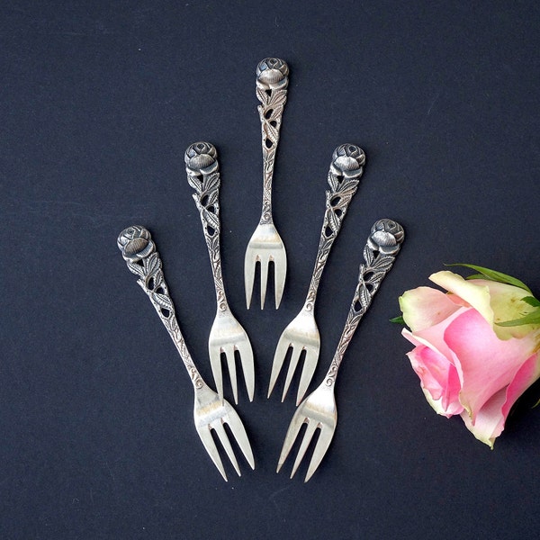 Vintage cutlery Hildesheimer Rose 5 cake forks 90s silver