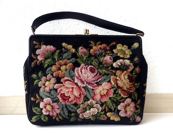 grand sac à main tapisserie JOLLES vintage avec fleurs brodées main