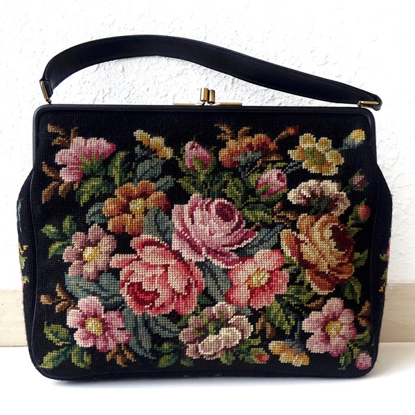 große Vintage JOLLES Gobelin Handtasche mit handgestickten Blumen