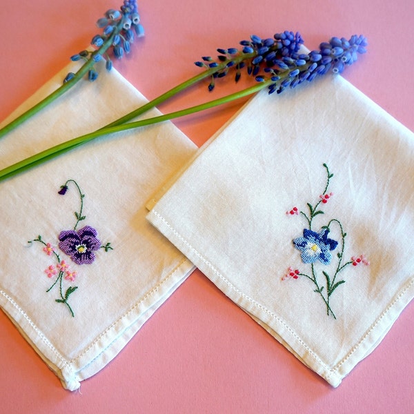Vintage handkerchiefs with Petit Point embroidery pansy and bellflower