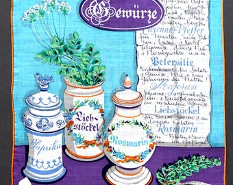 Fazzoletto vintage Stoffels "Spezie" - mai usato con etichetta - motivo erbe aromatiche anni '60 - decorazione retrò - tessuto da collezione