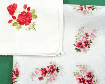 Vintage handkerchiefs embroidered rose and printed flowers