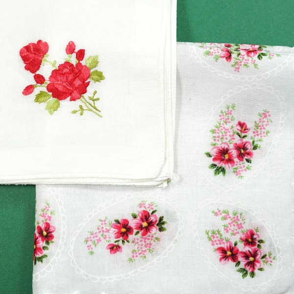 Vintage handkerchiefs embroidered rose and printed flowers