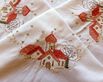 Advent tablecloth with village church from the 60s