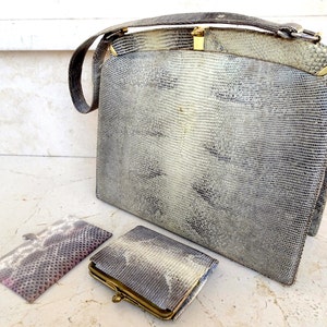 Vintage Leder Tasche in hellgrauer Echsenleder Optik mit Handspiegel & kleiner Börse