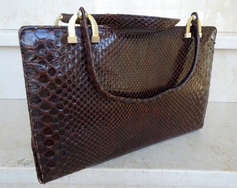 reddish-brown vintage handbag from the 40s -50s; Snakeskin optics