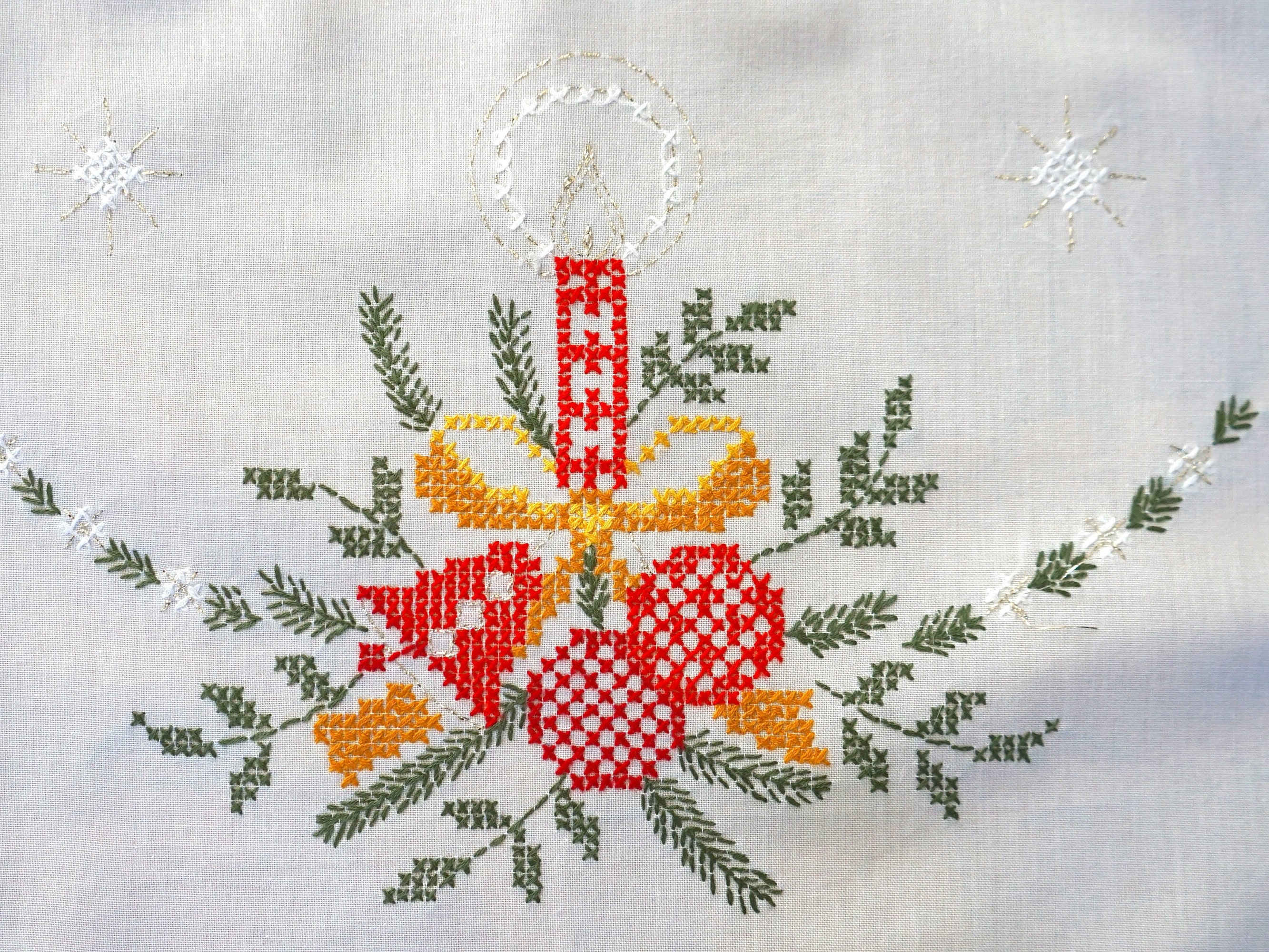 Christmas tablecloth hand embroidered with red candles Vintage