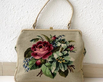 grand sac à main vintage en tapisserie avec roses brodées à la main