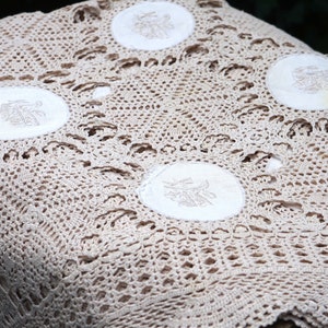 Vintage tablecloth with crochet and embroidery handmade