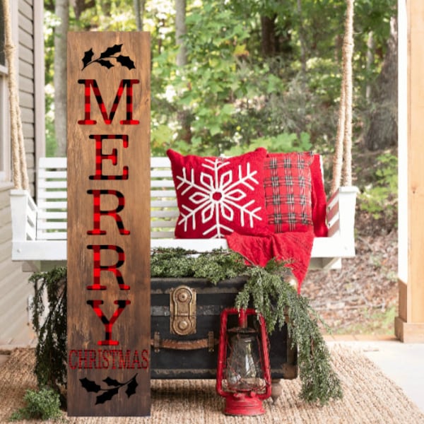 Merry Christmas Welcome Sign Buffalo Plaid - Red and White 4ft