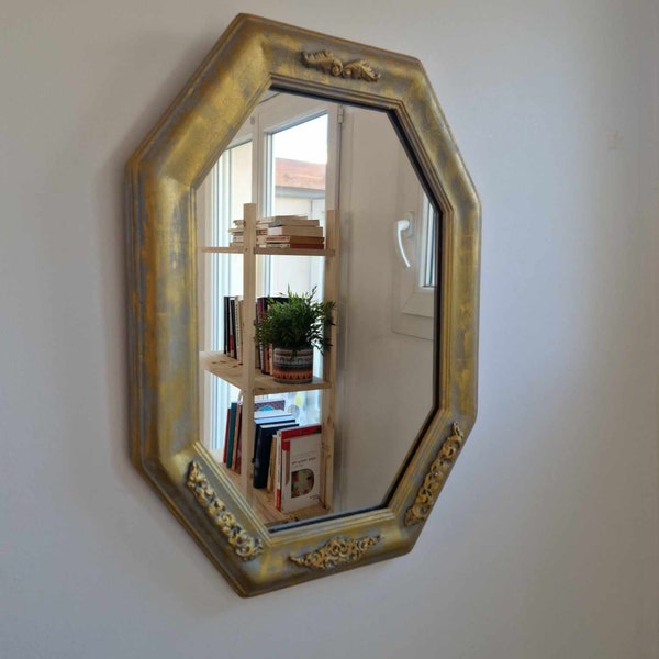 Miroir octogonal en bois, gris doré, 56 x 40